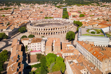 Nimes Arena aerial panoramic view. Nimes is a city in the Occitanie region of southern Franceの写真素材