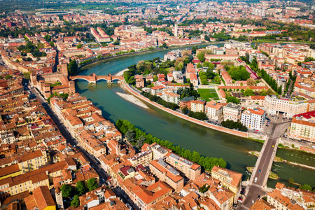 Verona city and Adige river aerial panoramic view in Veneto region in Italyの写真素材