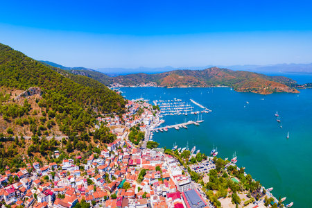 Fethiye port aerial panoramic view. Fethiye is a city in Mugla Province, Turkey.の写真素材