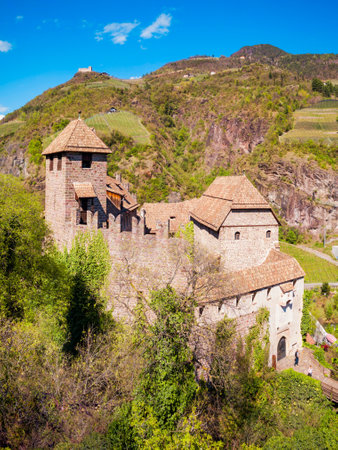 Runkelstein Castle or Castel Roncolo is a medieval fort on a rocky spur in Bolzano city in South Tyrol, Italyの写真素材