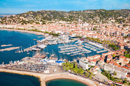 Cannes port and beach aerial panoramic view. Cannes is a city located on the French Riviera or Cote d'Azur in France.の写真素材