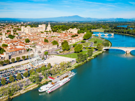 Rhone river aerial panoramic view in Avignon. Avignon is a city on the Rhone river in southern France.の写真素材