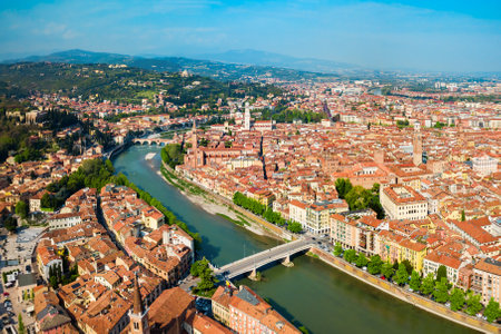 Verona city and Adige river aerial panoramic view in Veneto region in Italyの写真素材