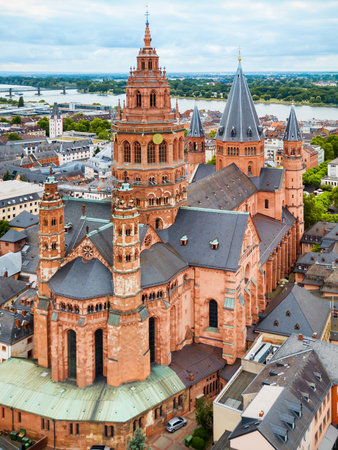 Mainz Cathedral aerial panoramic view, located at the market square of Mainz city in Germanyの写真素材