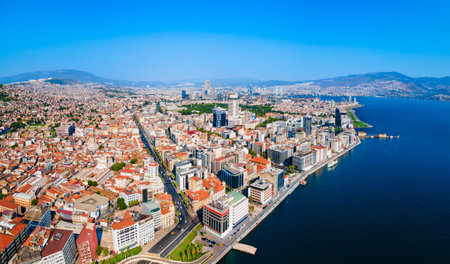 Izmir city centre aerial panoramic view. Izmir is a metropolitan city on the west coast of Anatolia and capital of Izmir Province in Turkey.の写真素材