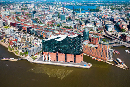 Hamburg city centre aerial panoramic view in Germanyの写真素材