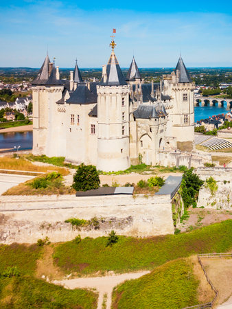 Chateau de Saumur castle aerial panoramic view in Saumur city, Loire valler in Franceの写真素材