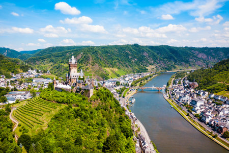 Reichsburg Castle aerial panoramic view in Cochem in Moselle valley, Germanyの写真素材