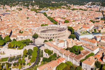 Nimes Arena aerial panoramic view. Nimes is a city in the Occitanie region of southern Franceの写真素材