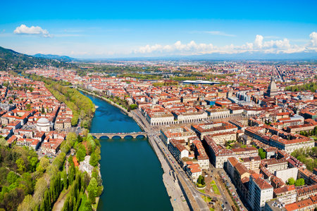 The Po river aerial panoramic view in the centre of Turin city, Piedmont region of Italyの写真素材