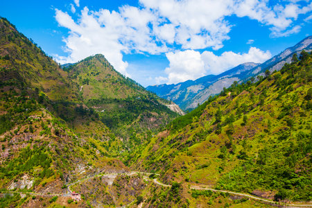 Scenic landscape panoramic view of the forested Himalaya mountains, Himachal Pradesh state in Indiaの写真素材