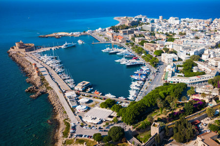 Mandraki port of Rhodes city harbor aerial panoramic view in Rhodes island in Greeceの写真素材