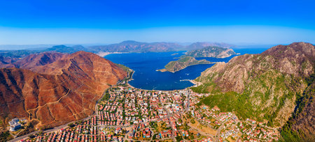 Icmeler city beach aerial panoramic view. Icmeler is a town near Marmaris city in Mugla Province, Turkey.の写真素材