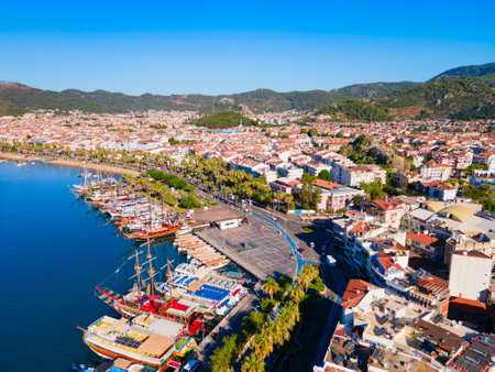 Marmaris city port or marina aerial panoramic view. Marmaris is a city in Mugla Province, Turkey.の写真素材