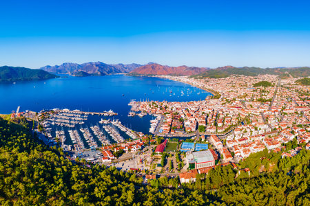 Marmaris city port or marina aerial panoramic view. Marmaris is a city in Mugla Province, Turkey.の写真素材