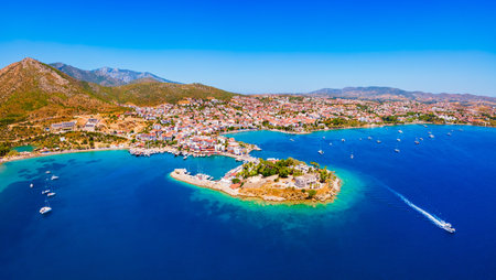 Datca city beach and marina aerial panoramic view. Datca is a resort town near Marmaris city in Mugla Province, Turkey.の写真素材