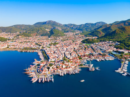 Marmaris city port or marina aerial panoramic view. Marmaris is a city in Mugla Province, Turkey.の写真素材