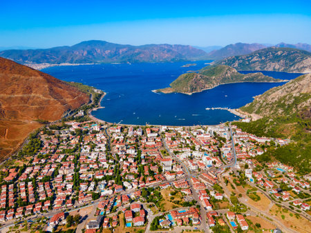 Icmeler city beach aerial panoramic view. Icmeler is a town near Marmaris city in Mugla Province, Turkey.の写真素材