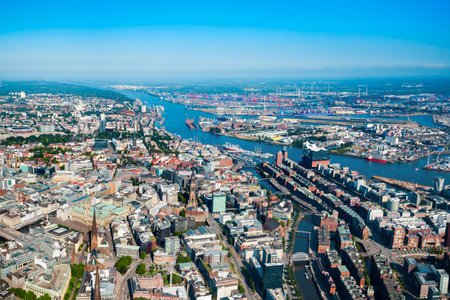 Hamburg city centre aerial panoramic view in Germanyの写真素材