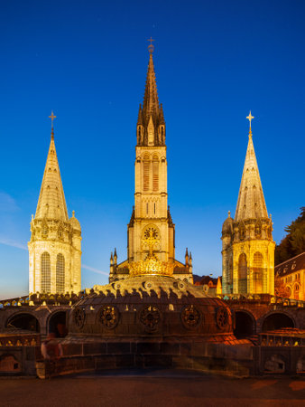 Sanctuary of Our Lady of Lourdes is a roman catholic church in Lourdes town in Franceの写真素材