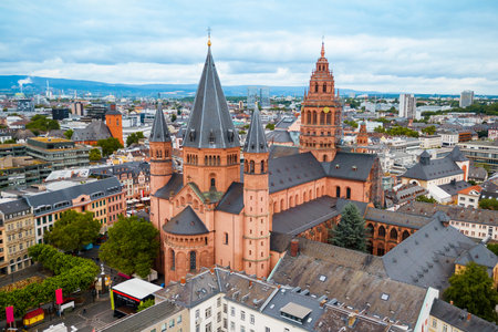 Mainz Cathedral aerial panoramic view, located at the market square of Mainz city in Germanyの写真素材