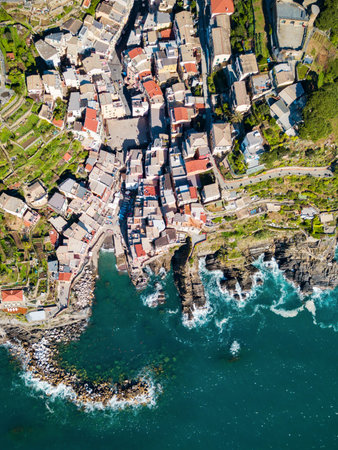 Riomaggiore aerial panoramic view. Riomaggiore is a small town in Cinque Terre national park, La Spezia province in Liguria Region, northern Italyの写真素材