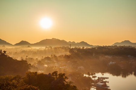 Mount Abu and Nakki lake aerial panoramic view at sunset. Mount Abu is a hill station in Rajasthan state, India.の写真素材