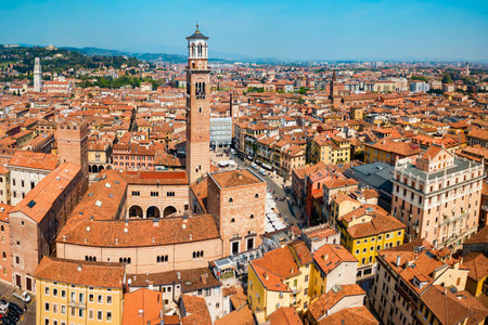 Torre dei Lamberti aerial panoramic view. Torre Lamberti is tower in Piazza delle Erbe square in Verona, Veneto region in Italy.の写真素材