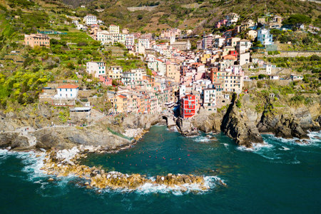 Riomaggiore aerial panoramic view. Riomaggiore is a small town in Cinque Terre national park, La Spezia province in Liguria Region, northern Italyの写真素材