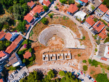 Fethiye ancient theatre aerial panoramic view. Fethiye is a city in Mugla Province, Turkey.の写真素材