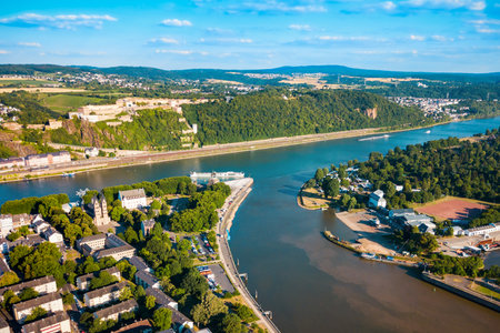 Koblenz aerial panoramic view. Koblenz is a city on the Rhine where it is joined by Moselle river.の写真素材