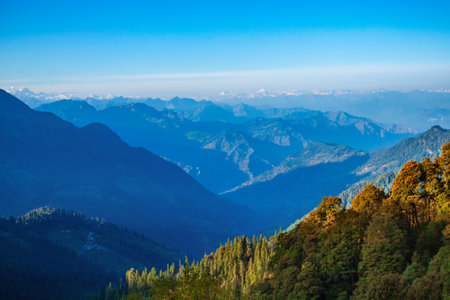Great Himalayas or Greater Himalayas at sunrise, it is the highest mountain range, Himachal Pradesh state in India. View from Jalori Pass viewpoint.の写真素材