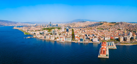 Izmir city centre aerial panoramic view. Izmir is a metropolitan city on the west coast of Anatolia and capital of Izmir Province in Turkey.の写真素材
