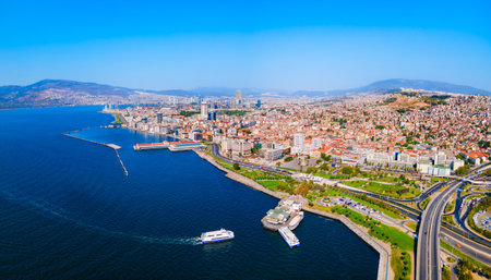 Izmir city centre aerial panoramic view. Izmir is a metropolitan city on the west coast of Anatolia and capital of Izmir Province in Turkey.の写真素材