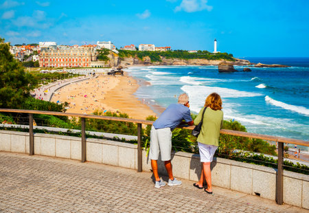 La Grande Plage aerial view from viewpoint, a public beach in Biarritz city on the Bay of Biscay on the Atlantic coast in Franceの写真素材