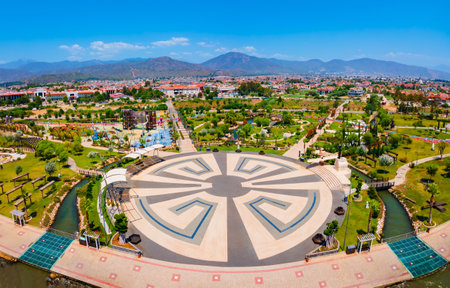 Sehit Fethi Bey public park aerial panoramic view in Fethiye. Fethiye is a city in Mugla Province, Turkey.の写真素材