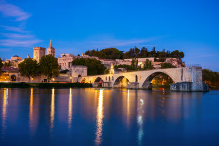 Pont Saint Benezet bridge, Palace of the Popes or Palais des Papes and Avignon Cathedral aerial panoramic view in Avignon city in Franceの写真素材