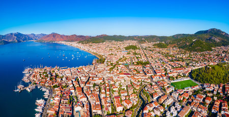 Marmaris city port or marina aerial panoramic view. Marmaris is a city in Mugla Province, Turkey.の写真素材