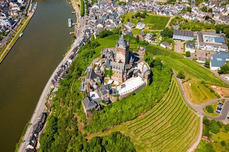 Reichsburg Castle aerial panoramic view in Cochem in Moselle valley, Germanyの写真素材