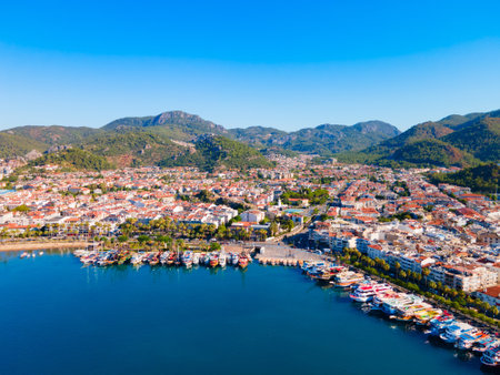 Marmaris city port or marina aerial panoramic view. Marmaris is a city in Mugla Province, Turkey.の写真素材
