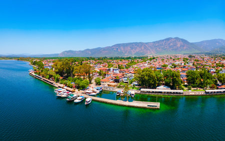 Koycegiz town and Koycegiz lake aerial panoramic view in Mugla Province in Turkeyの写真素材