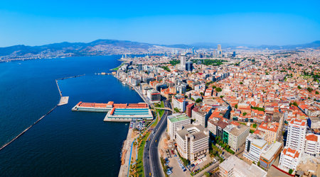 Izmir city centre aerial panoramic view. Izmir is a metropolitan city on the west coast of Anatolia and capital of Izmir Province in Turkey.の写真素材