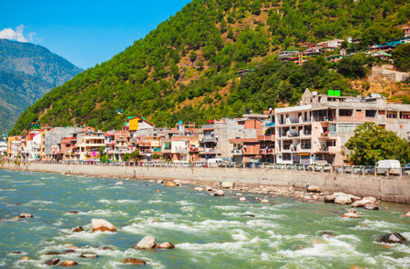 Beas river near Kullu town aerial panoramic landscape, Kullu valley in Himachal Pradesh state in Indiaの写真素材