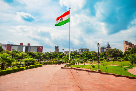 National Flag of India at Central Park in  Connaught Place district in New Delhi, Indiaの写真素材