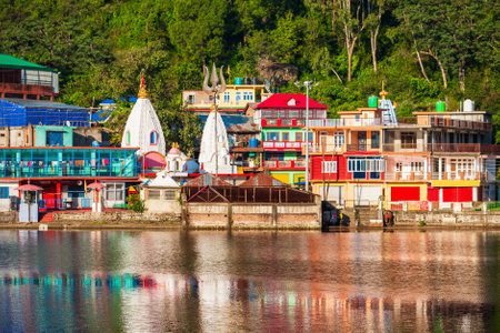 Hindu temples in Rewalsar or Tso Pema, a small town, lake and buddhist pilgrimage place near Mandi, Himachal Pradesh state in Indiaの写真素材