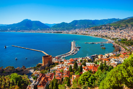 Kizil Kule or Red Tower and port aerial panoramic view in Alanya city, Antalya Province on the southern coast of Turkeyの写真素材