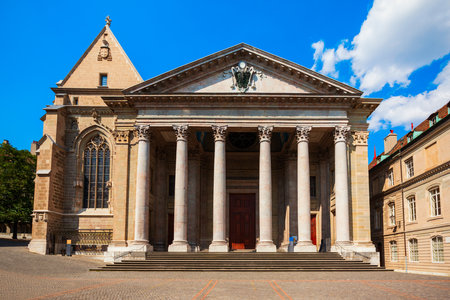 Saint Pierre or St. Peter Cathedral Reformed Protestant Church of Geneva is located in the centre of Geneva city in Switzerlandの写真素材