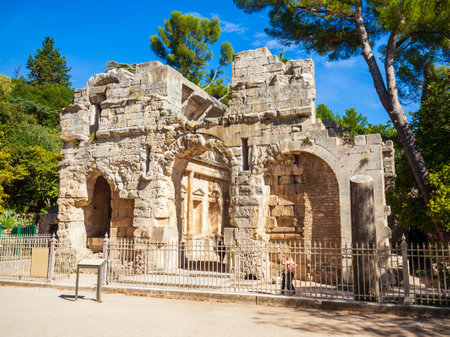 Diana temple is an ancient roman temple in Les Jardins de la Fontaine public park in Nimes city in southern Franceの写真素材