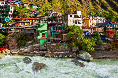 Colorful local houses in Manikaran village in Parvati valley, Himachal Pradesh state in Indiaの写真素材