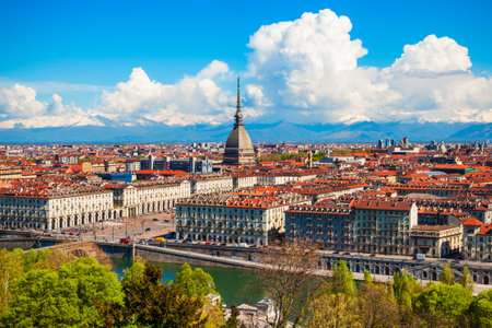 Turin city aerial panoramic view, Piedmont region of Italyの写真素材